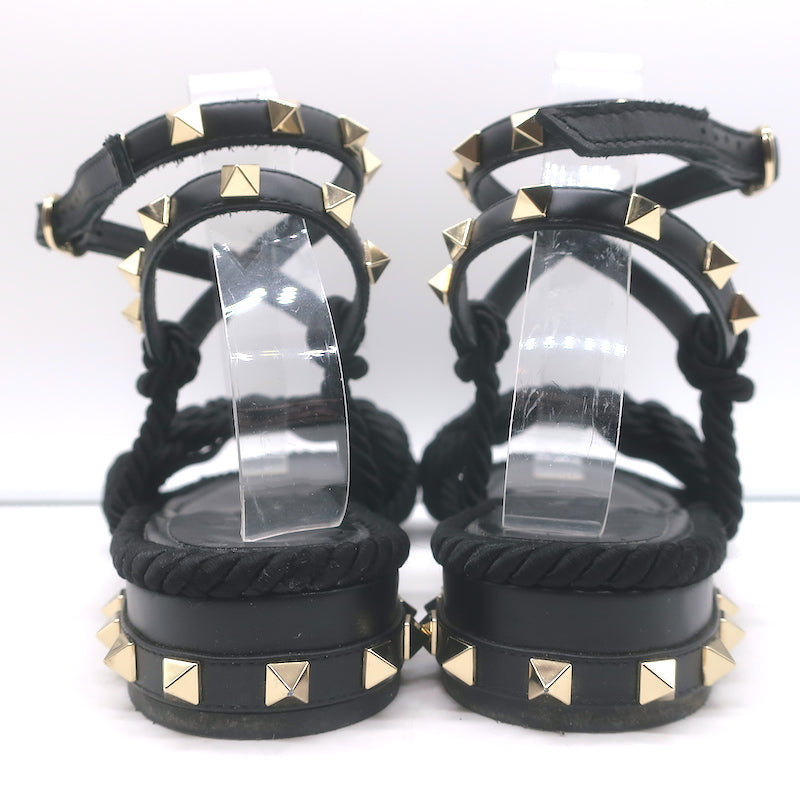 Valentino Rockstud Braided Ankle Strap Sandals Black Leather &amp; Satin Size 40