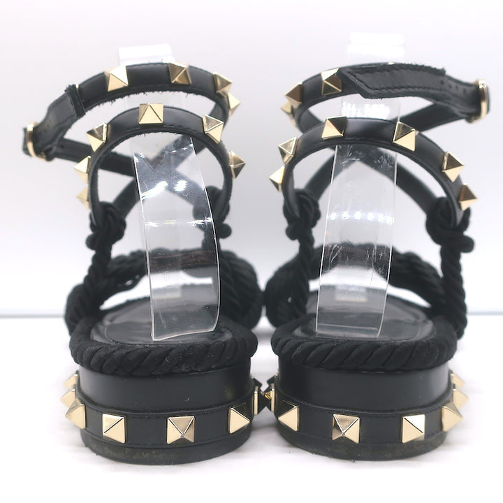 Valentino Rockstud Braided Ankle Strap Sandals Black Leather &amp; Satin Size 40