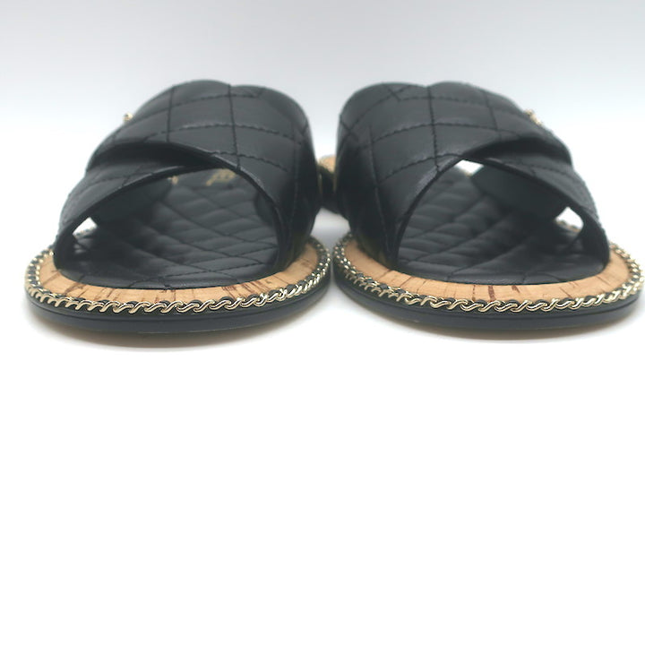 Chanel Chain CC Quilted Crisscross Slide Sandals Black Lambskin Leather Size 39