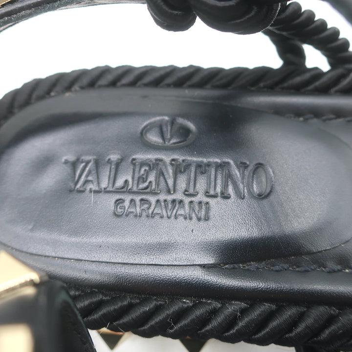 Valentino Rockstud Braided Ankle Strap Sandals Black Leather &amp; Satin Size 40
