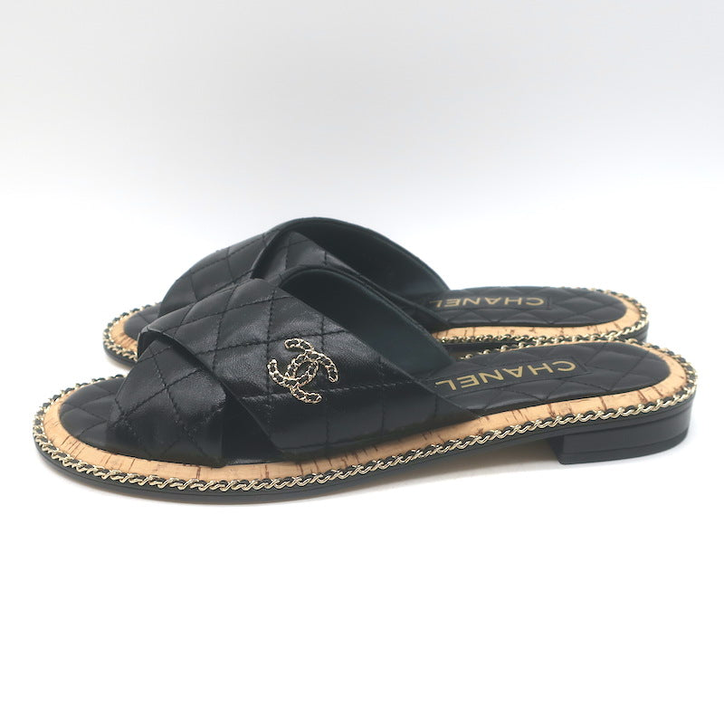 Chanel Chain CC Quilted Crisscross Slide Sandals Black Lambskin Leather Size 39
