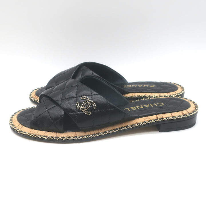 Chanel Chain CC Quilted Crisscross Slide Sandals Black Lambskin Leather Size 39