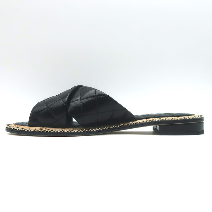 Chanel Chain CC Quilted Crisscross Slide Sandals Black Lambskin Leather Size 39