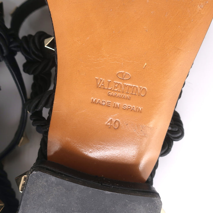 Valentino Rockstud Braided Ankle Strap Sandals Black Leather &amp; Satin Size 40