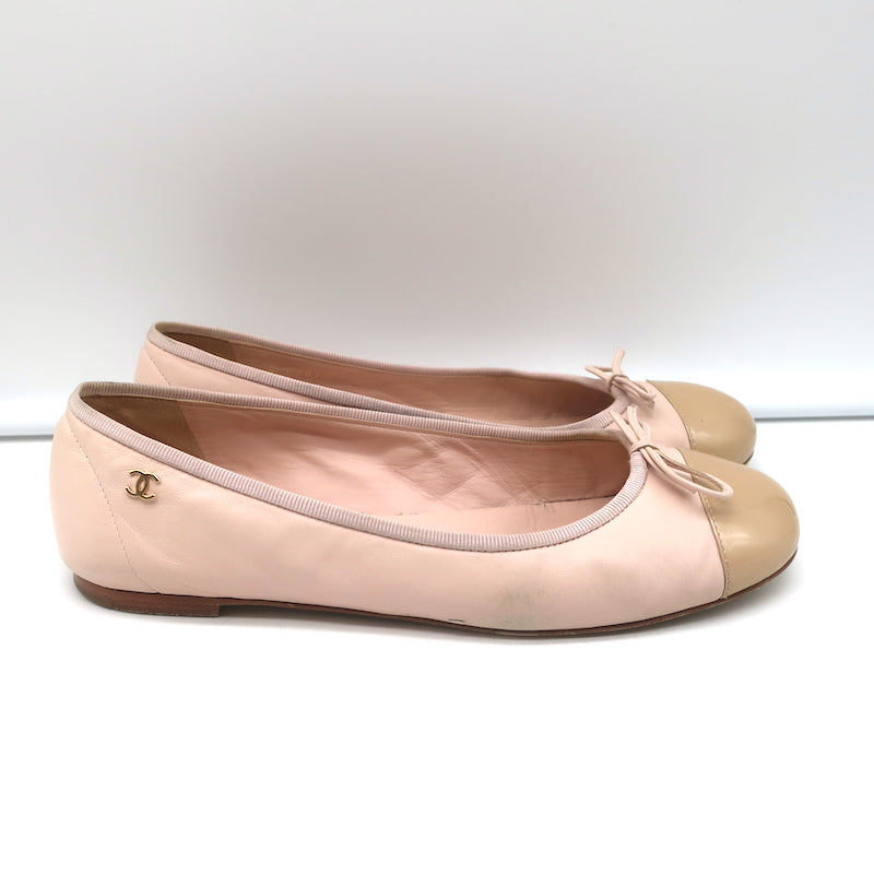 Chanel Coco Jazz Cap Toe Ballet Flats Light Pink Leather &amp; Beige Patent Size 37