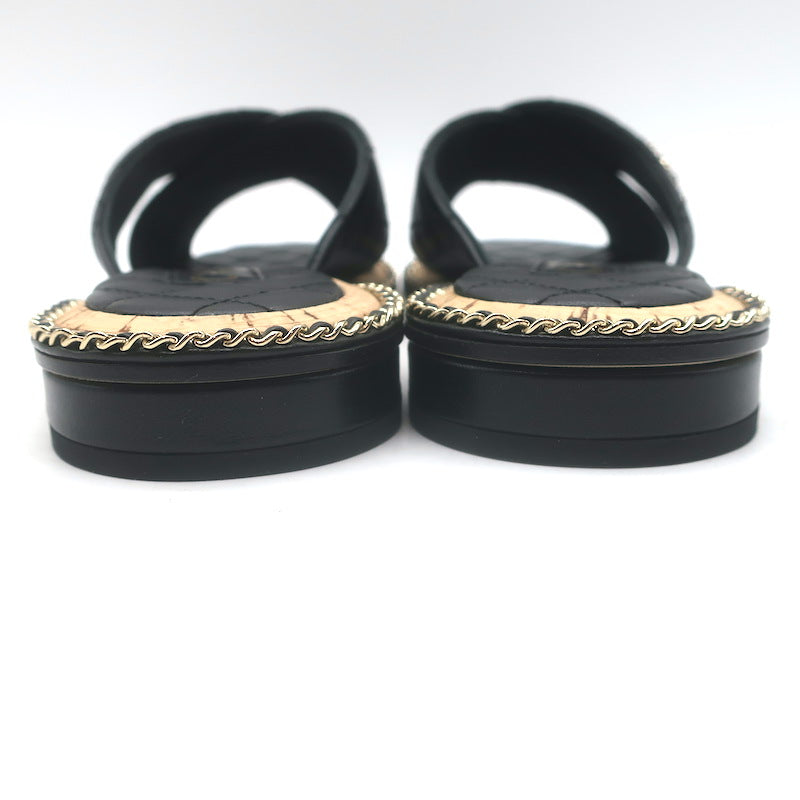 Chanel Chain CC Quilted Crisscross Slide Sandals Black Lambskin Leather Size 39