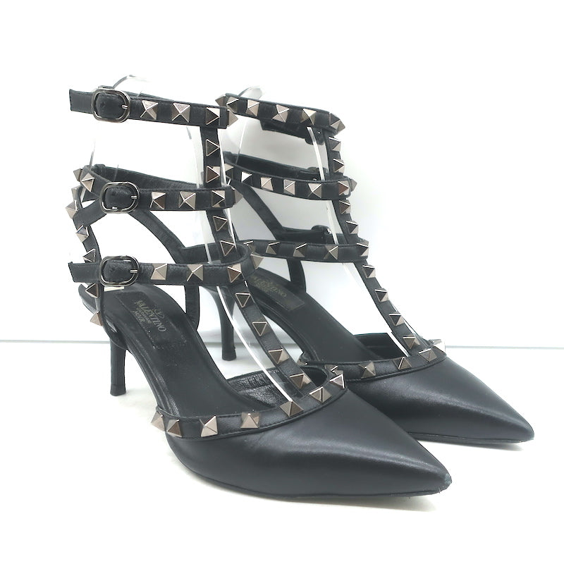 Valentino Noir Rockstud caged kitten-heel pumps in black leather, authentic pre-owned luxury heels
