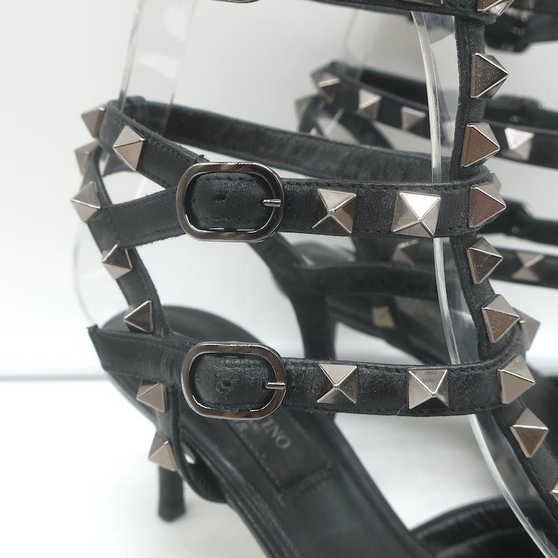 Valentino Rockstud caged kitten-heel pumps in black leather, authentic pre-owned designer pair
