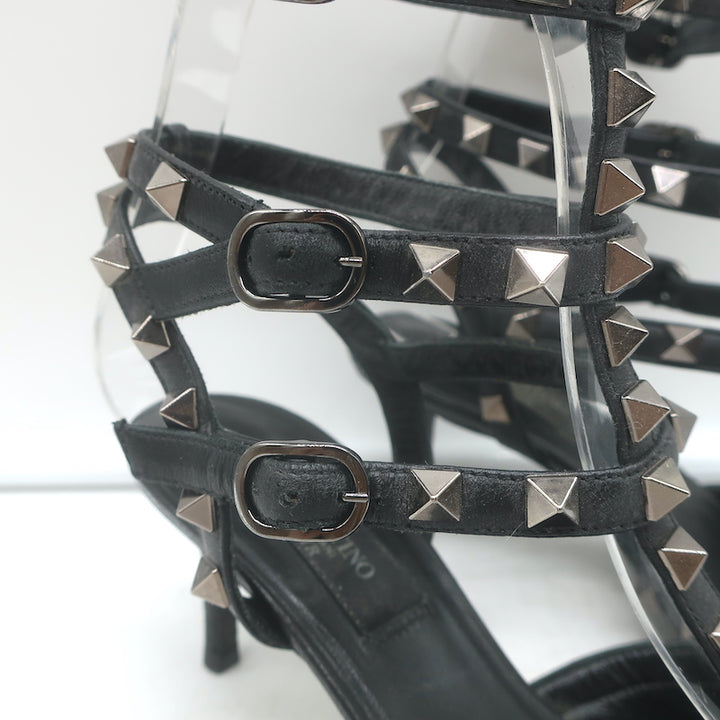 Valentino Rockstud caged kitten-heel pumps in black leather, authentic pre-owned designer pair