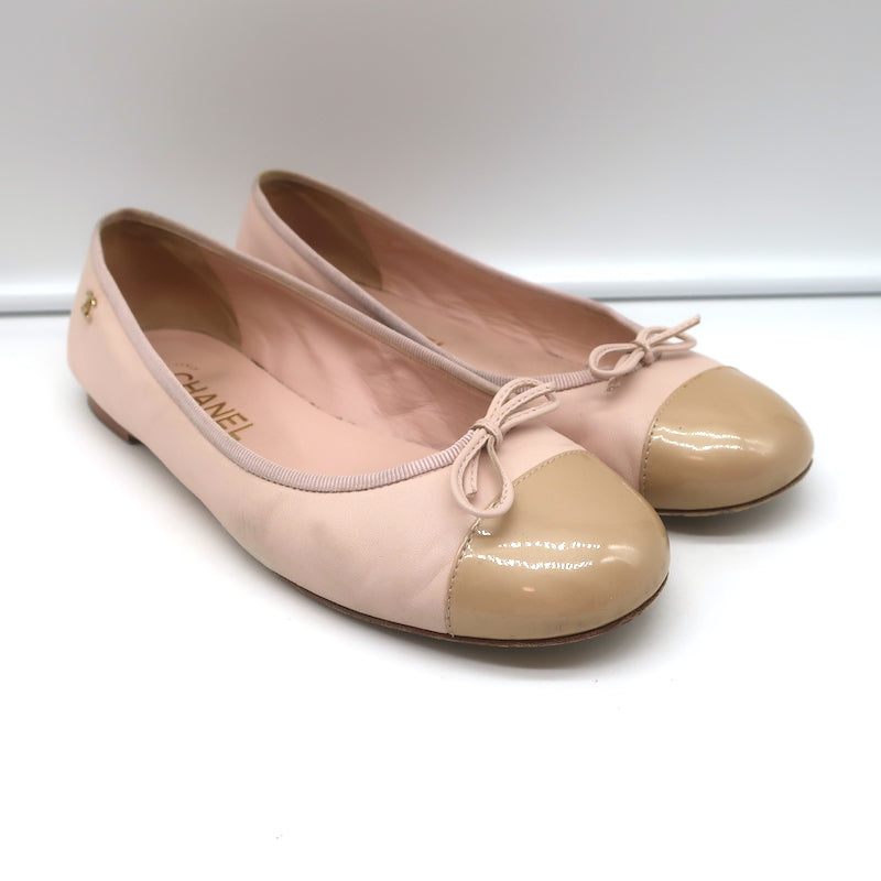 Chanel Coco Jazz Cap Toe Ballet Flats Light Pink Leather & Beige Patent Size 37