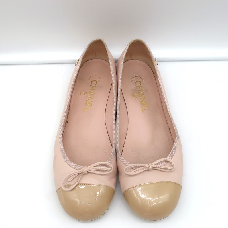 Chanel Coco Jazz Cap Toe Ballet Flats Light Pink Leather &amp; Beige Patent Size 37