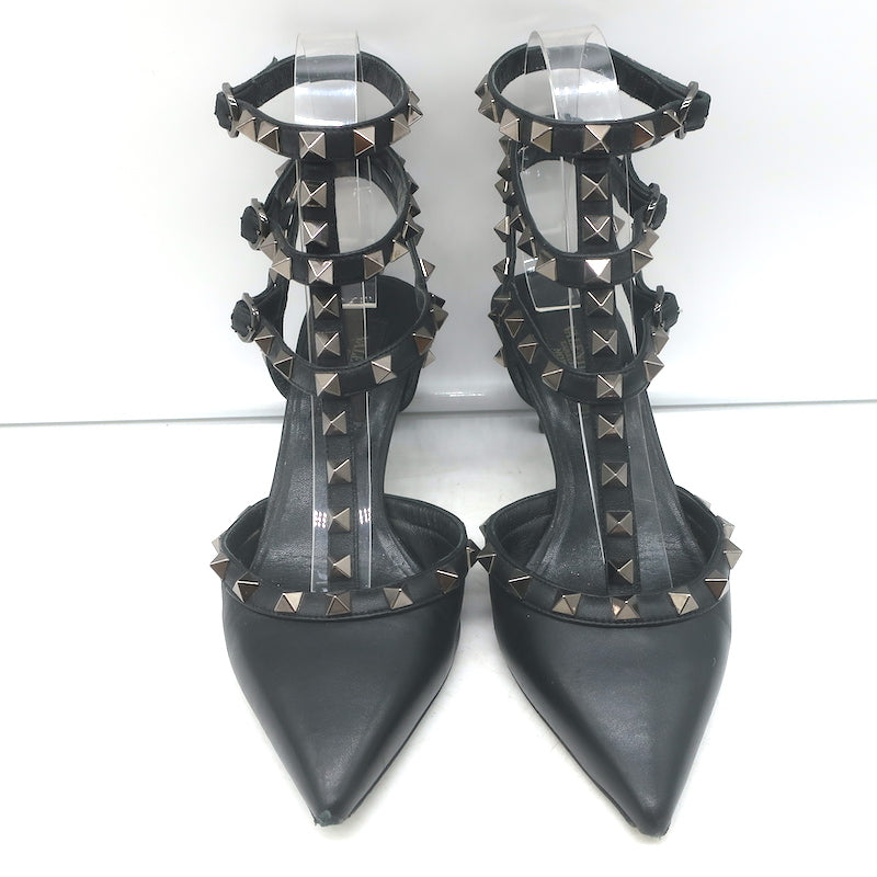 Valentino Noir Rockstud caged kitten-heel pumps in black leather, authentic pre-owned designer pair