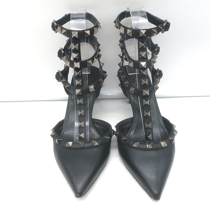Valentino Noir Rockstud caged kitten-heel pumps in black leather, authentic pre-owned designer pair