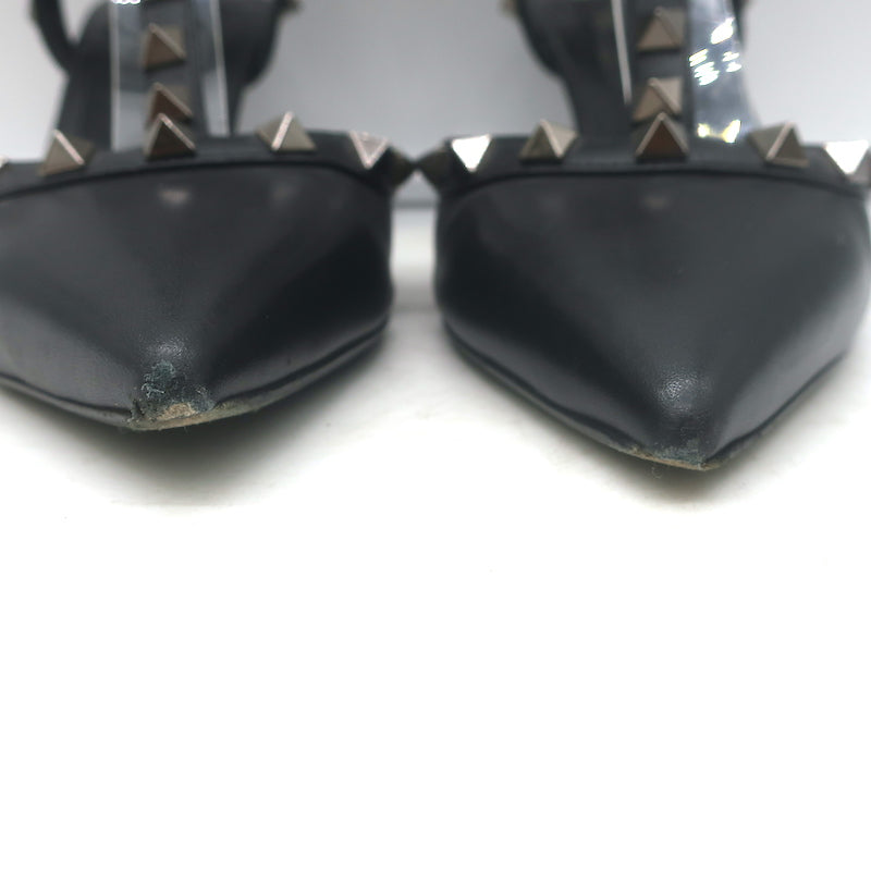 Valentino Noir Rockstud caged kitten-heel pumps in black leather, authentic pre-owned luxury pair