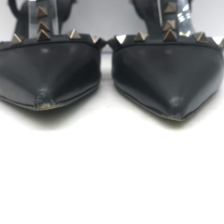 Valentino Noir Rockstud caged kitten-heel pumps in black leather, authentic pre-owned luxury pair