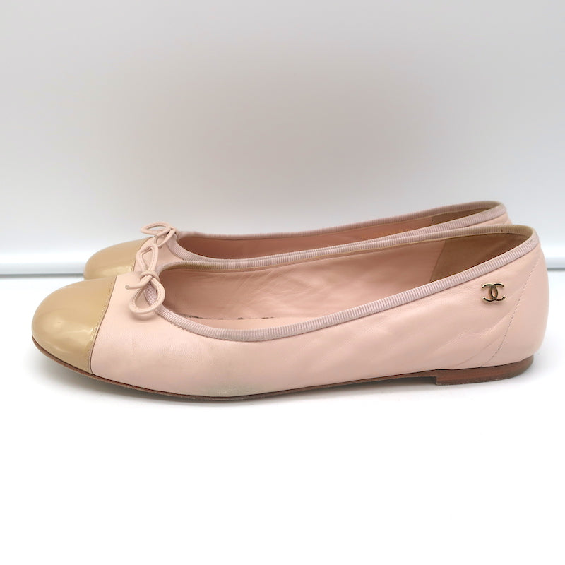 Chanel Coco Jazz Cap Toe Ballet Flats Light Pink Leather &amp; Beige Patent Size 37