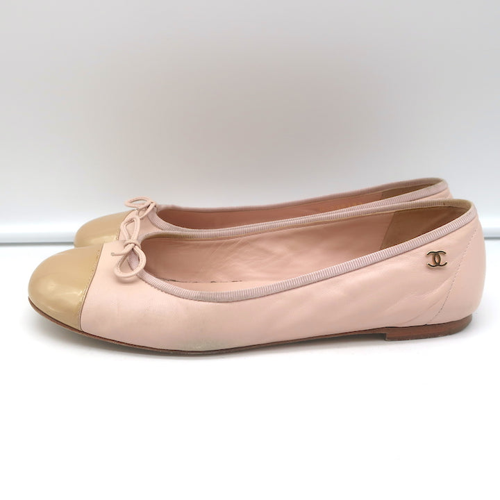 Chanel Coco Jazz Cap Toe Ballet Flats Light Pink Leather &amp; Beige Patent Size 37