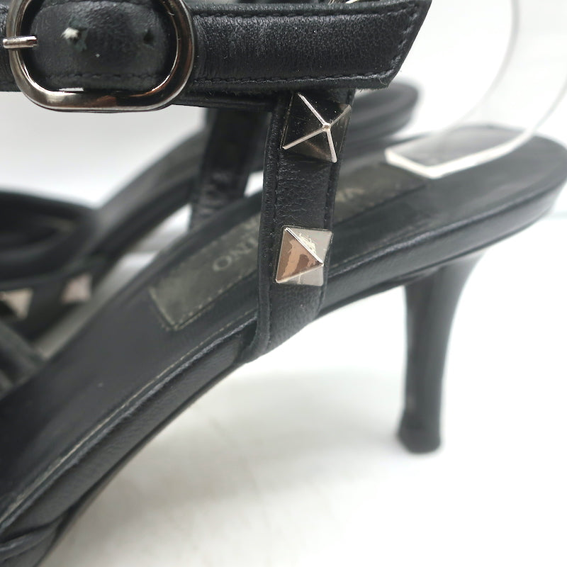 Valentino Noir Rockstud caged kitten-heel pumps in black leather, authentic pre-owned designer heels