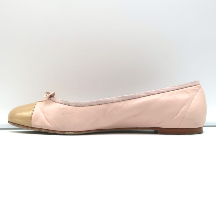 Chanel Coco Jazz Cap Toe Ballet Flats Light Pink Leather &amp; Beige Patent Size 37