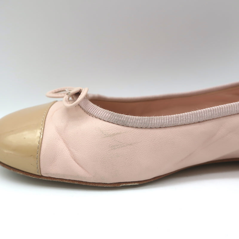 Chanel Coco Jazz Cap Toe Ballet Flats Light Pink Leather &amp; Beige Patent Size 37