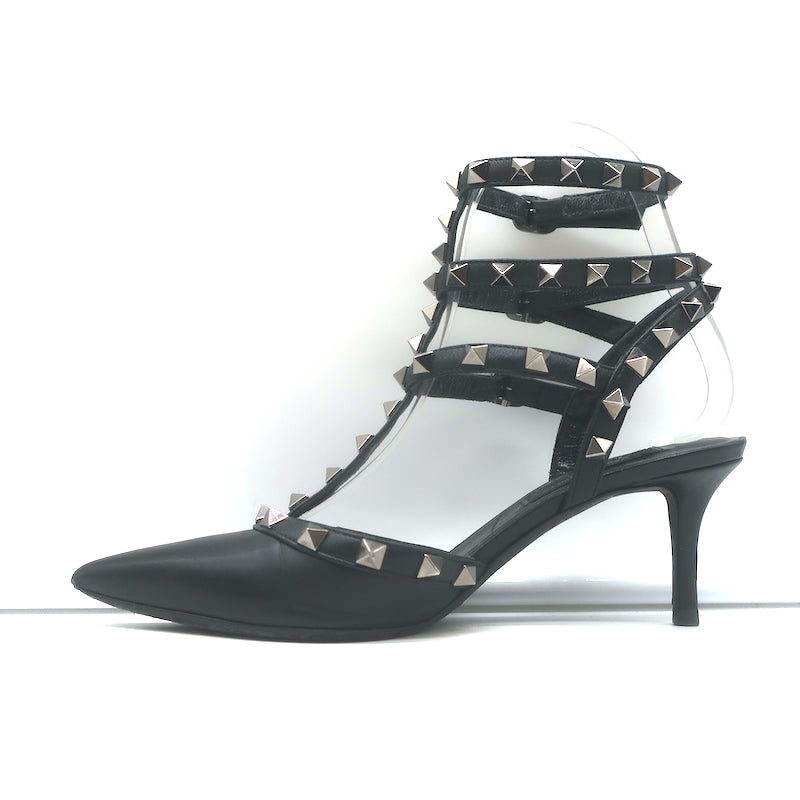 Valentino Noir Rockstud caged kitten-heel pumps in black leather, authentic pre-owned designer heels