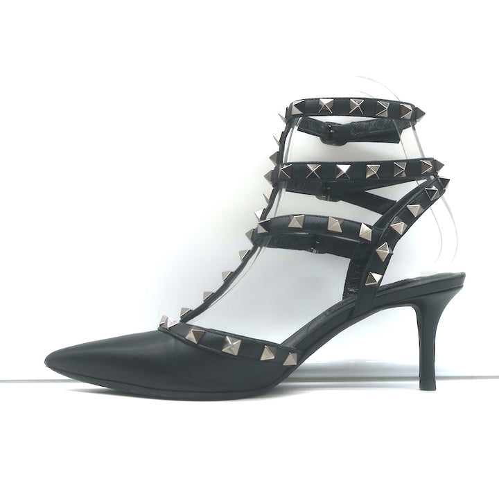 Valentino Noir Rockstud caged kitten-heel pumps in black leather, authentic pre-owned designer heels
