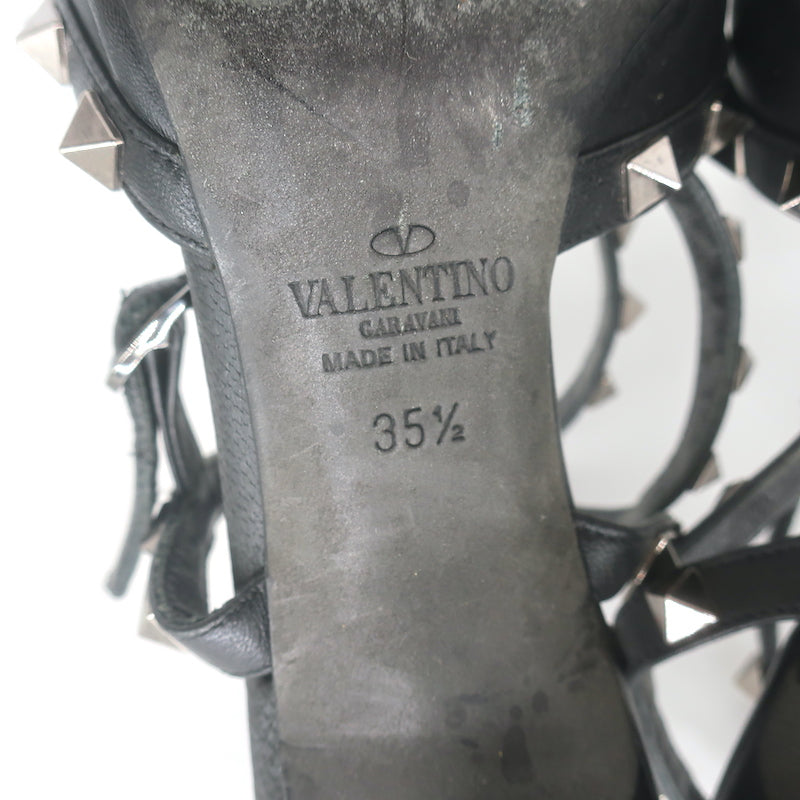 Valentino Noir Rockstud caged kitten-heel pumps in black leather, authentic pre-owned designer heels.