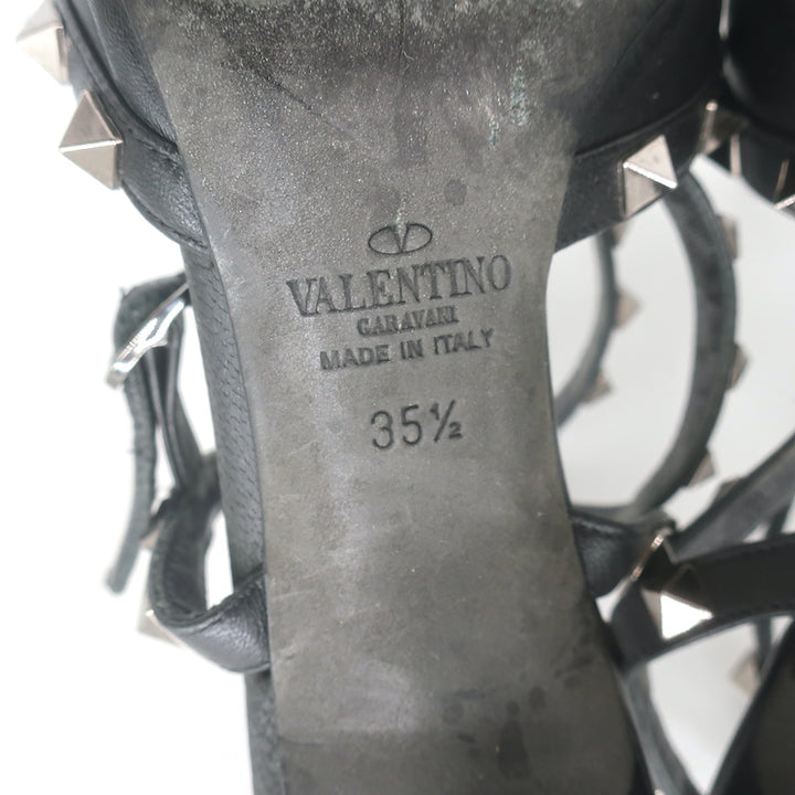 Valentino Noir Rockstud caged kitten-heel pumps in black leather, authentic pre-owned designer heels.