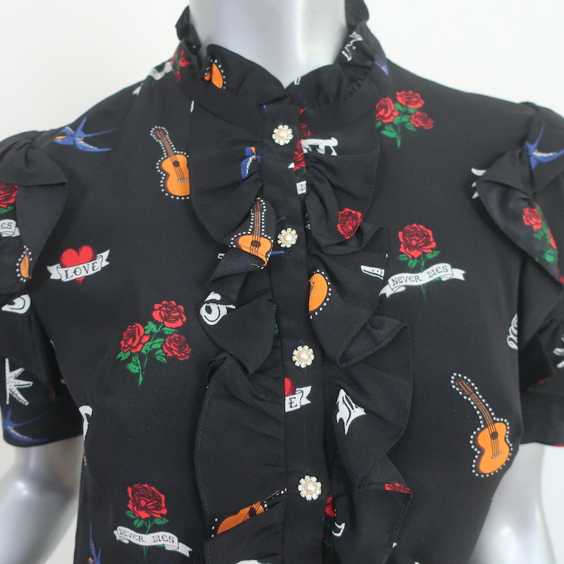 Sandro Wendy Tattoo Print Mini Dress Black Silk Size 2