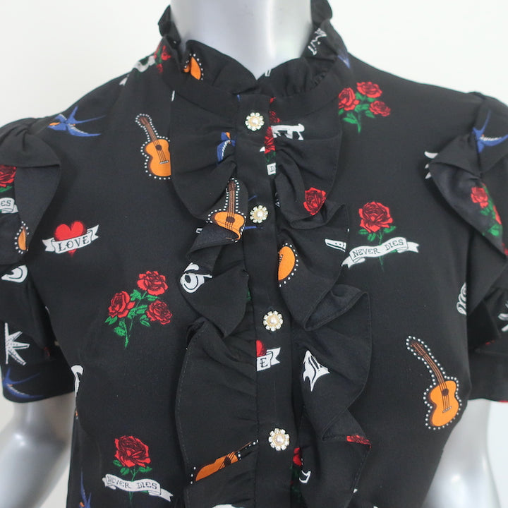 Sandro Wendy Tattoo Print Mini Dress Black Silk Size 2
