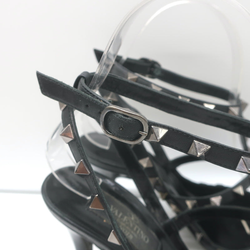 Valentino Rockstud T-strap pointed-toe pumps in black patent leather, authentic pre-owned, lightly worn