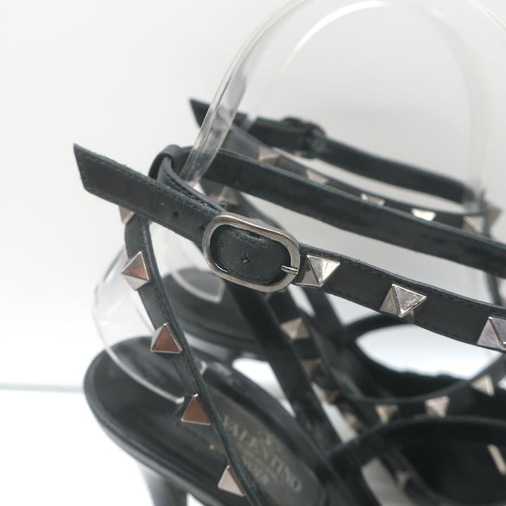 Valentino Rockstud T-strap pointed-toe pumps in black patent leather, authentic pre-owned, lightly worn