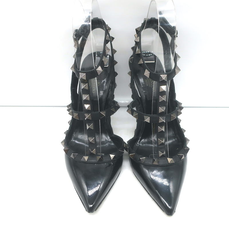 Valentino Rockstud T-strap pointed-toe pumps, black patent leather with silver studs, authentic pre-owned, lightly worn
