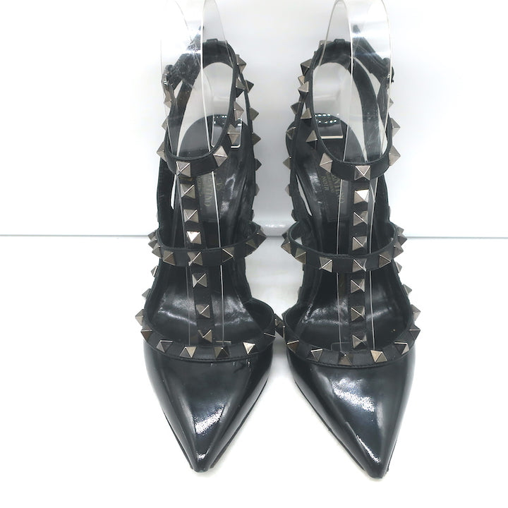 Valentino Rockstud T-strap pointed-toe pumps, black patent leather with silver studs, authentic pre-owned, lightly worn