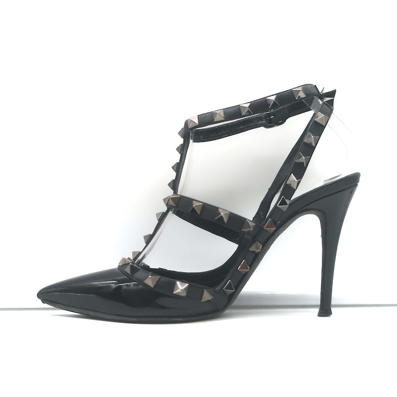 Valentino Rockstud T-strap pointed-toe pumps, black patent leather, authentic pre-owned luxury heels