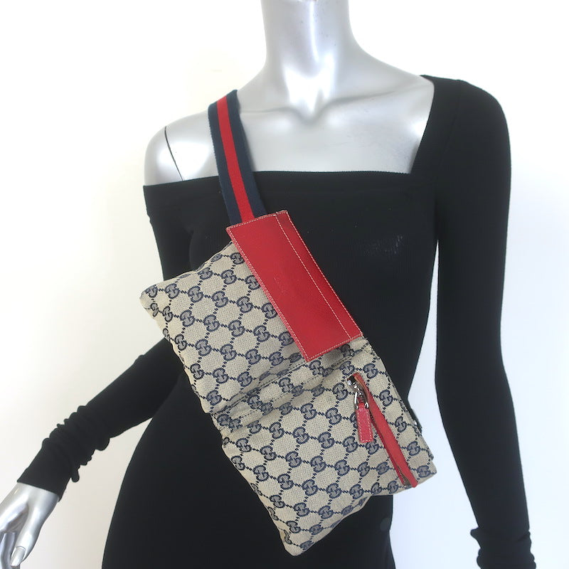 Gucci GG Supreme Double Pocket Belt Bag Beige Canvas &amp; Red Leather Crossbody
