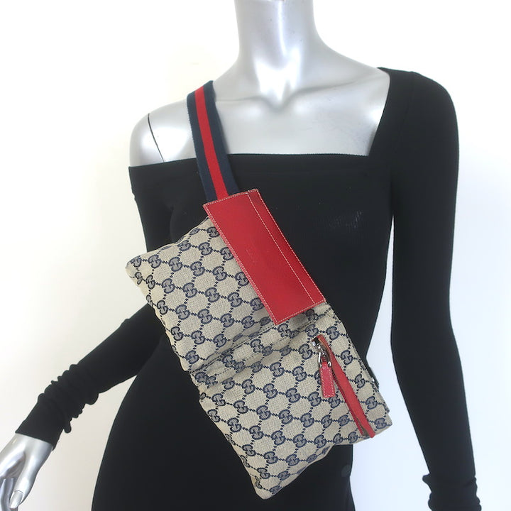 Gucci GG Supreme Double Pocket Belt Bag Beige Canvas &amp; Red Leather Crossbody