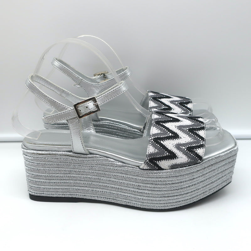 Madison Maison Woven Platform Wedge Sandals Silver Size 38 Ankle Strap Heels