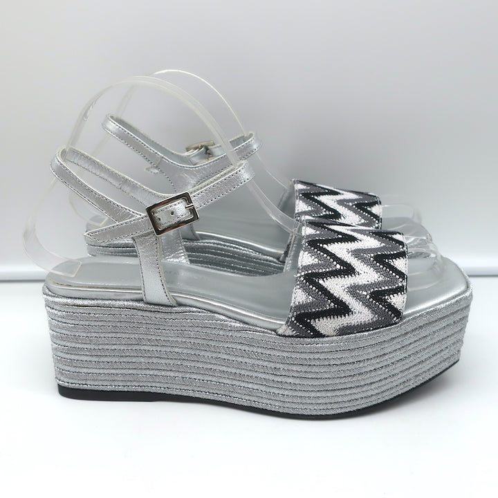 Madison Maison Woven Platform Wedge Sandals Silver Size 38 Ankle Strap Heels