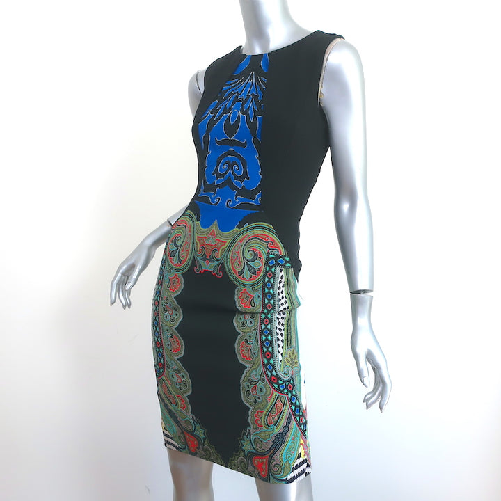 Etro Sleeveless Sheath Dress Black/Multi Paisley Print Stretch Crepe Size 40