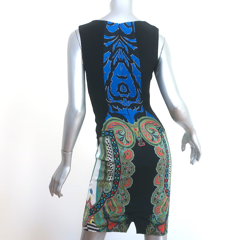 Etro Sleeveless Sheath Dress Black/Multi Paisley Print Stretch Crepe Size 40
