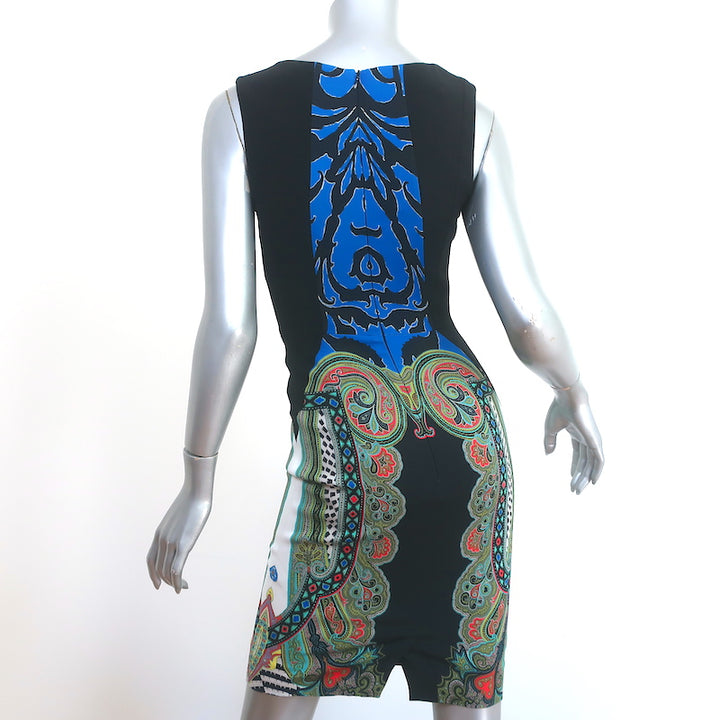 Etro Sleeveless Sheath Dress Black/Multi Paisley Print Stretch Crepe Size 40