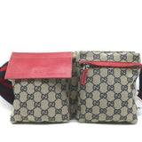Gucci GG Supreme Double Pocket Belt Bag Beige Canvas & Red Leather Crossbody