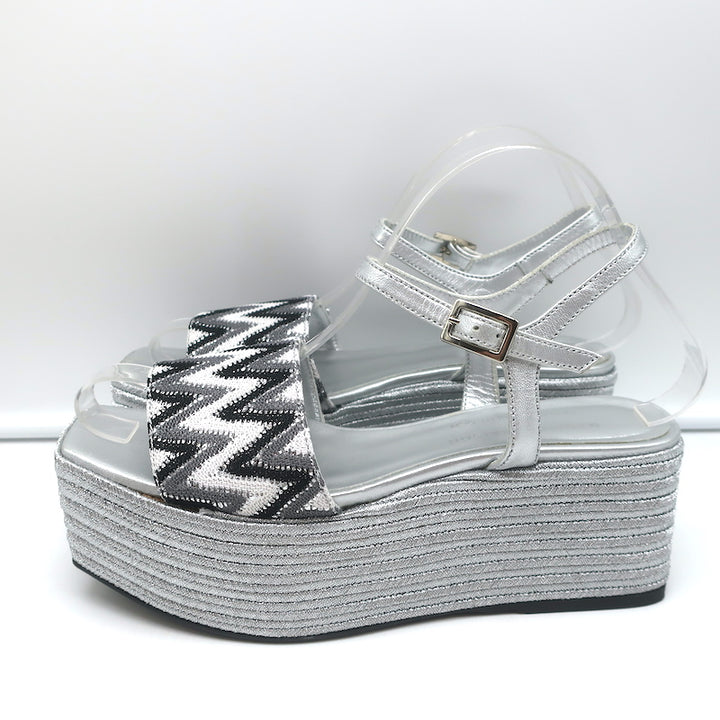 Madison Maison Woven Platform Wedge Sandals Silver Size 38 Ankle Strap Heels