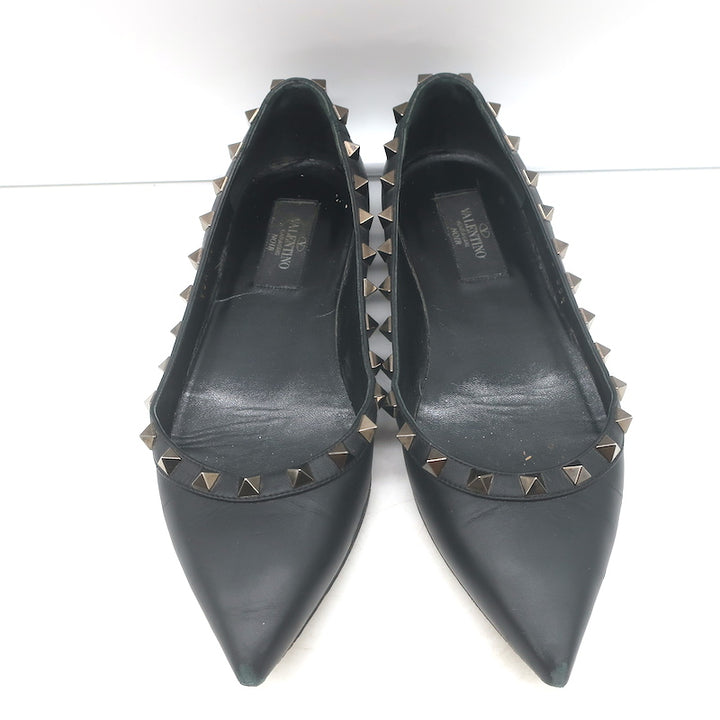 Valentino Noir Rockstud pointed-toe ballet flats, black leather, pre-owned with light toe wear and tarnished studs