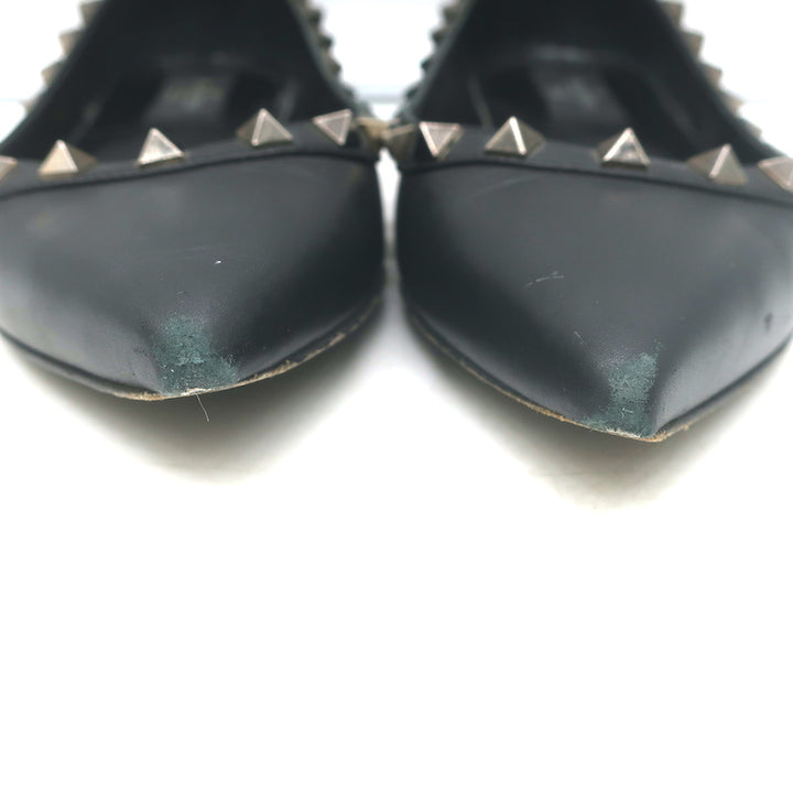Authentic Valentino Noir Rockstud pointed-toe ballet flats in black leather, pre-owned with light wear.