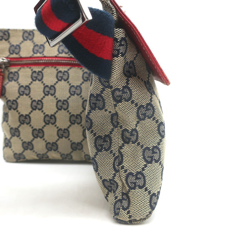 Gucci GG Supreme Double Pocket Belt Bag Beige Canvas &amp; Red Leather Crossbody