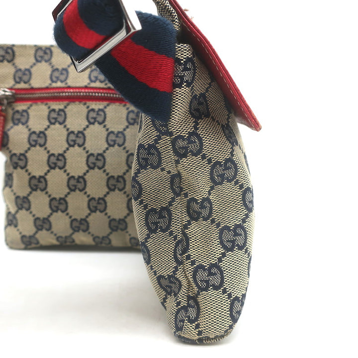 Gucci GG Supreme Double Pocket Belt Bag Beige Canvas &amp; Red Leather Crossbody