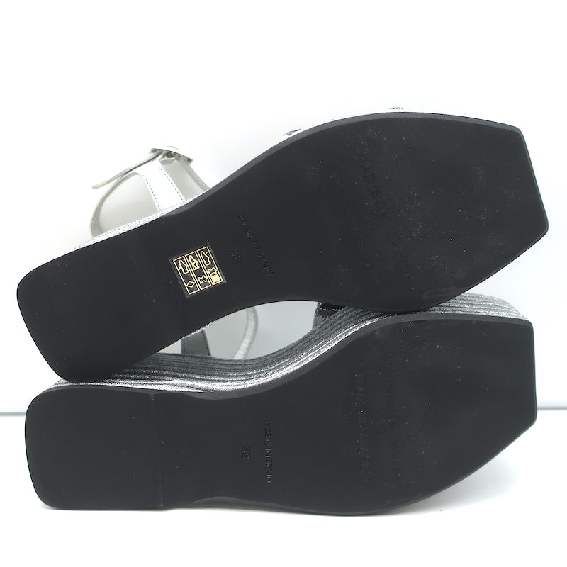 Madison Maison Woven Platform Wedge Sandals Silver Size 38 Ankle Strap Heels