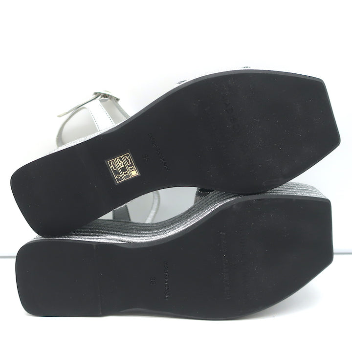 Madison Maison Woven Platform Wedge Sandals Silver Size 38 Ankle Strap Heels